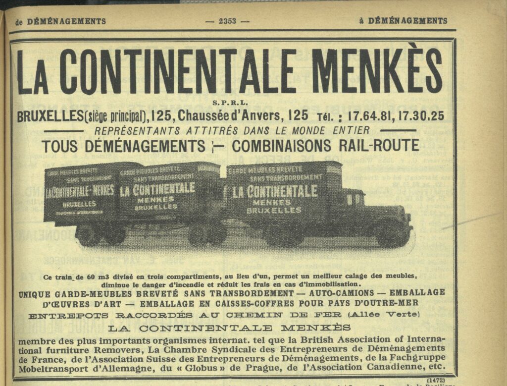 Advertisement of the moving company La Continentale Menkès in the Brussels Trade and Industry Almanac of 1939